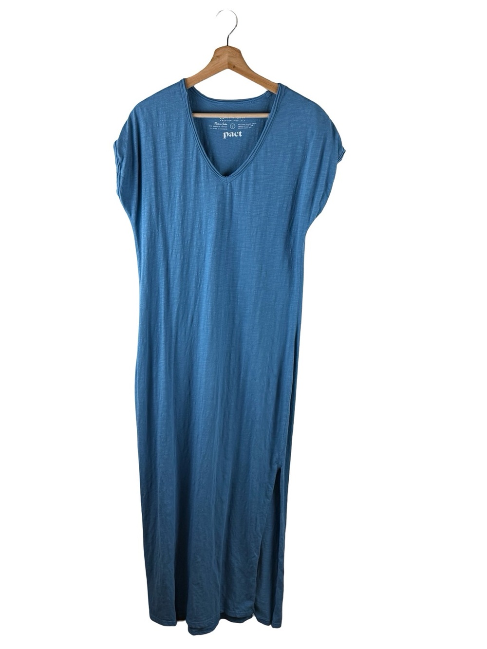 Pact Blue V‑Neck Midi Tee Dress Large